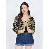 Houndstooth Bolero Knit Cardigan/ Houndstooth Crop Top Cardigan Knitted Bolero with Rope