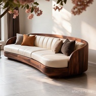 Silent Style Black Walnut Solid Wood Sofa Three-Seat Leather Art Living Room Hotel Villa Furniture E