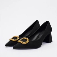 Zara2023 Solid Color New Product Women's Shoes Black Metal Buckle Cashmere Suede High Heels Simple All-Match Single Shoes Women