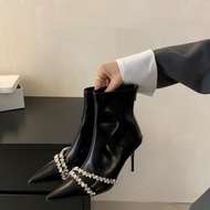 High Heels Short Boots Rhinestone Small Ankle Boots Fleece Thin Boots Pointed Toe High Heel Boots Wo