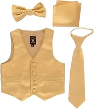 Little Gents Boys Vest for Tuxedos w/Zipper Tie, Bowtie & Hanky - 4 Piece Formal Satin 738 (Gold, 14