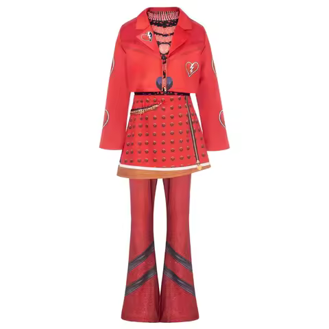 2026 New Movie Cosplay Outfit Red Heart Printed 4Pcs Dress Set Jacket+Top+Skirt+Pants Halloween Cost