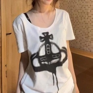 imported NEW Vivienne Westwood White Large U-collar Loose Saturn Printed Short Sleeve T-shirt Womens