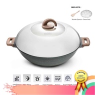 [ Local Ready Stocks ] iGOZO AMOZONAS 36CM NON-STICK PREMIUM GRANITE WOK + GLASS LID FREE : 1. WOODEN SPATULA 2. STEAM