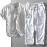 Linen Suit Men s Summer Thin Short sleeved White T shirt Shirt Men s Casual Trousers Summer Cotton a