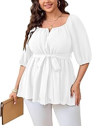 Women's Plus Size Square Neck Peplum Blouses Dressy Tops 3/4 Puff Sleeve Empire Waist Tie Ruffle Hem