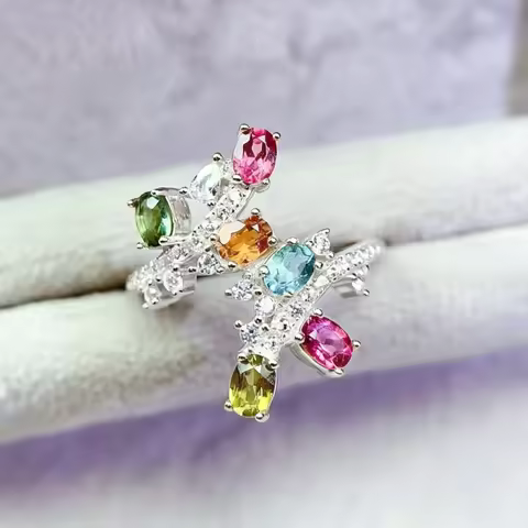 Multicolor Natural Tourmaline Ring with Certificate 3mm*4mm Tourmaline Jewelry October Birthstone Ri