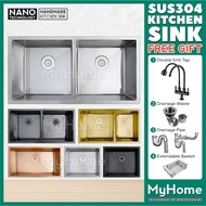 NANO SINK [FREE DOUBLE TAP] SUS304 Stainless Steel Handmade NANO Kitchen Sink Single Double Bowl IBO