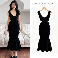 Glamorous Black Evening Gown with Ruffles & Open Back | Perfect for Parties