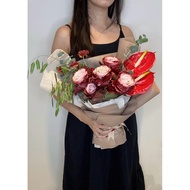 •SG FLOWER BOUQUET• Simply Red| Roses,Eucalyptus,Anthurium,Eustoma