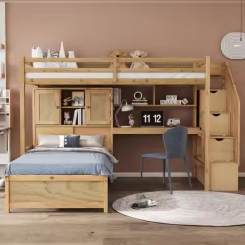 Twin Loft Bed.Twin Over Twin Bunk Beds with Stairs & Desk, Solid Wood Loft Bunk Bed with Storage Sta