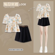 QI HAO Plus Size Women's Summer Suit 2025 Puff Sleeve Floral Shirt Top Slimmer Look Casual Shorts Tw