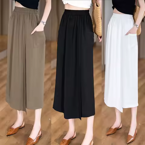 Women Thin Casual Calf Length Pants Girls Slim Fit Baggy Loose Slit Capri Pants Lady High Waisted Wh