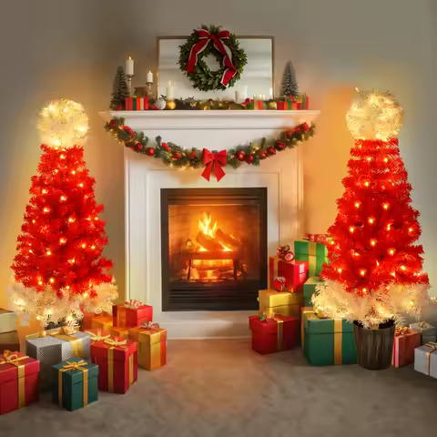 Lighted Santa Hat Style Christmas Tree Set of 2, 4ft Artificial Tree with Warm White Lights