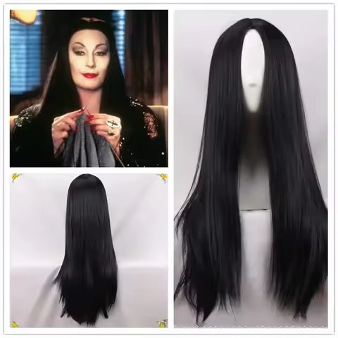 Halloween Women Addams Family Cosplay Wig Morticia Addams Wigs Black Long Straight Middle Part Synth