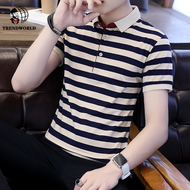 Fashion Striped Polo Shirt Men's Trendy Summer Lapel Short Sleeve T-Shirt European Pure Cotton Slim Sea Soul Shirt Large Size