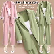 【Shopane】 three-piece set women blazer suit plus size formal working suit Korean leisure suit set thin coat vest pants 3PCs office wear set