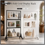 Foldable Mobile Grid Display Rack Pegboard Rack With Wheels Metal Mesh Stand For Snacks Tools Bags C