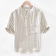 เสื้อเชิ้ตคอตั้งแขนสั้นผ้าลินินไหมน้ำแข็งสำหรับผู้ชาย ทรงหลวม ป้องกันแสงแดด ลายทาง ทรงปกติ ฤดูร้อน ป