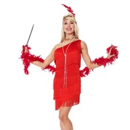 20s Flapper Charleston Fancy Dress Costume Red One Shoulder Fringe Gatsby Dress Sexy High Low Hem Ha