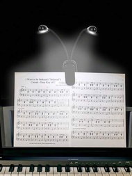 Luz de soporte de música, luces LED para libros con clip, operadas con batería USB y AAA, lámpara de lectura en la cama, 4 niveles de brillo, ideal para ratones de biblioteca, pianistas, viajes (doble brazo)