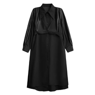 XITAO Pu Patchwork Single Breasted Dress Turn-down Collar Long Sleeve Loose Slimming A-line Mid-calf