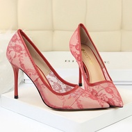 BIGTREE Lace Flower High Heels - 9cm Thin Stiletto, Mesh Fabric for Events