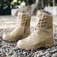 รองเท้าคอมแบท หนังแท้100% พื้นคอบหนาเย็บขอบ รองเท้าบูตยุทธวิธีทหารสำหรับผู้ชาย แบบใหม่ มีซิบข้าง ระบายอากาศดี  รองเท้านิรภัยหัวเหล็ก