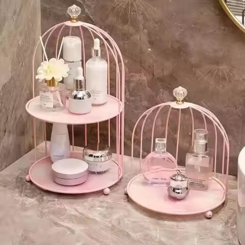Luxury Iron Art Cosmetic Shelf Double-layer Dressing Table Makeup Storage Shelf Large-capacity Bird