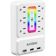 Penyambung Soket dengan USB C, Pelindung Lonjakan Arus Multi Soket AICODE dengan Lampu Malam, Soket 