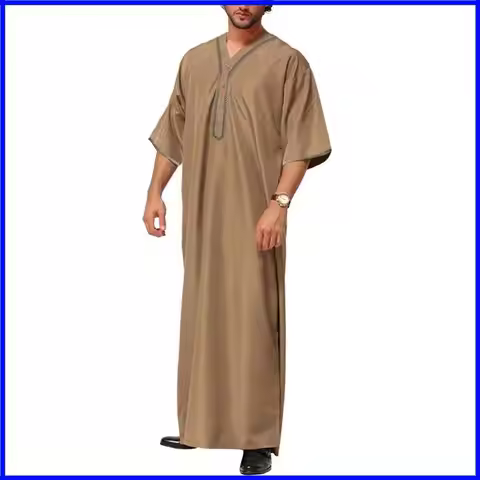 Muslim Robes with Button Design Muslim Male Shirt Men Jubba Thobe for 4 Seasons