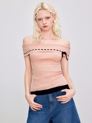 Cider Knitted Off-shoulder Stitch Contrasting Binding Bowknot Crop Short Sleeve Top