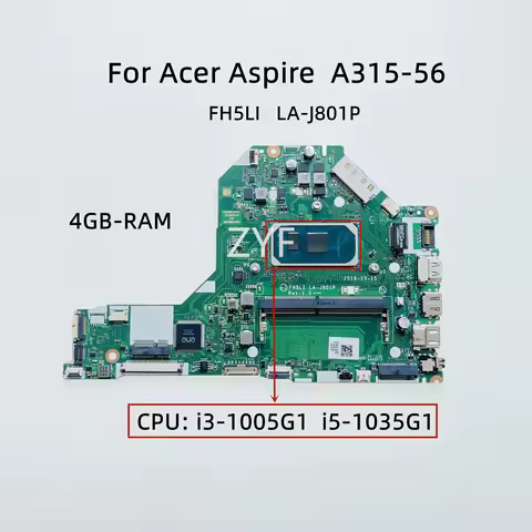 FH5LI LA-J801P For Acer Aspire A315-56 Laptop Motherboard With i3-1005G1 i5-1035G1 CPU 4GB-RAM DDR4 