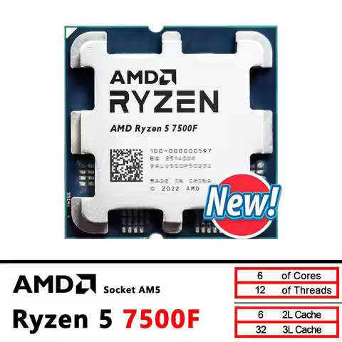 Ryzen 5 7500F AMD CPU Processor New R5 7500F 3.7GHz 5NM L3=32M 100-000001015 Socket AM5 but without 