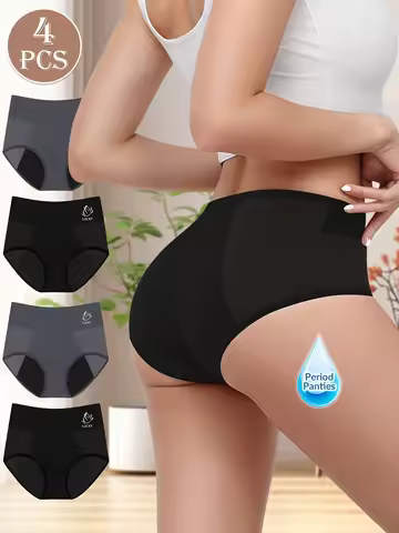 4pcs Women'S Menstrual Underwear - Leakproof, Breathable Mesh Period Panties in Black, Gray, and Nav