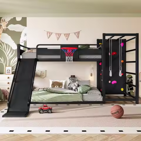 Full Loft Bunk Bed with Hoop Rings Climbing Wall Slide Bookshelf Heavy Metal Kids Play Black Custom