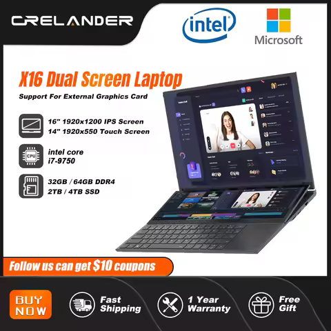 CRELANDER Double Screen Laptop intel core i7-9750 Generation Windows 11 Touch Screen Gamer Laptop PC