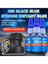 480膠黑色橡膠瞬間乾膠，適用於修補汽車輪胎，耐高溫高強度，並能黏附金屬、塑料、玻璃、陶瓷、木材、橡膠等