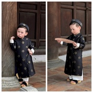 (Free turban) CNY ao dai set for boys, CNY boys' ao dai - metallic brocade fabric - black - Ngoc Die