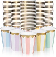 Disposable Paper Coffee Cups, Bulk 100-Pack 8-oz, 5 Striped Pastel Colorways, Leak-Resistant, Hot an