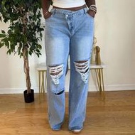 Theloveshegives Plus Size Women Blue Asymmetrical Waistline Ripped Wide-Leg Denim Pants 4th Of July 
