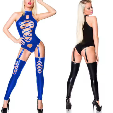 Faux Leather PVC Fetish Jumpsuit Sleeveless Up Open Crotch Bodysuit Erotic Pole Dance Clubwear Porn 