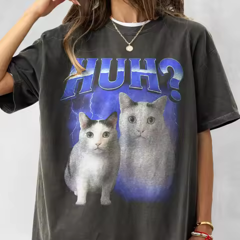 HUH Funny Dank Cat Meme Tee Shirt Gift for Woman and Man, Ugly Shirts, Unhinged T-shirt, Goofy Ahh C