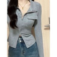 辣妹修身拉鏈外套 顯瘦POLO領短身開衫 女裝長袖上衣- 灰色 S