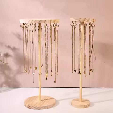 Wood Necklace Display Stand Tall Round Rotating Jewelry Organizer Wooden Display Tower Storage Acces