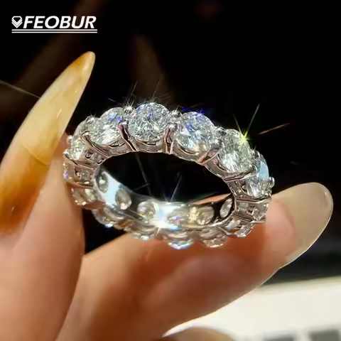 FEOBUR 7ct 5mm Moissanite Ring with Certificates Women 925 Sterling Silver Full Diamond Engagement W