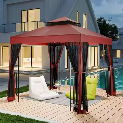 8x8 Outdoor Gazebo Tent with Mosquito Net and Shelves, Double Roof Patio Pavilion, Red