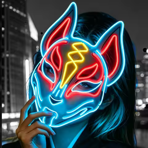 Glowing Japanese Kitsune Fox Mask Neon LED Light Mask Full Face Mask for Halloween Carnival Nightclu