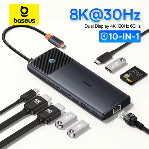 Baseus USB C HUB Dual HDMI 8K 4K Adapter 10-in-1 USB 3.2 10Gbps Splitter with RJ45 SD TF Type C PD 1