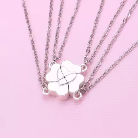 4 Piece Four Leaf Clover Stitching Necklace Magnet Stone BFF Friendship Heart Pendant Chain Choker N